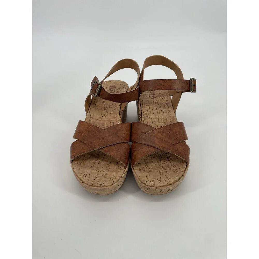 Korks Denica Crisscross Tan Faux Leather Cork Platform Wedge Boho Sandals 9M